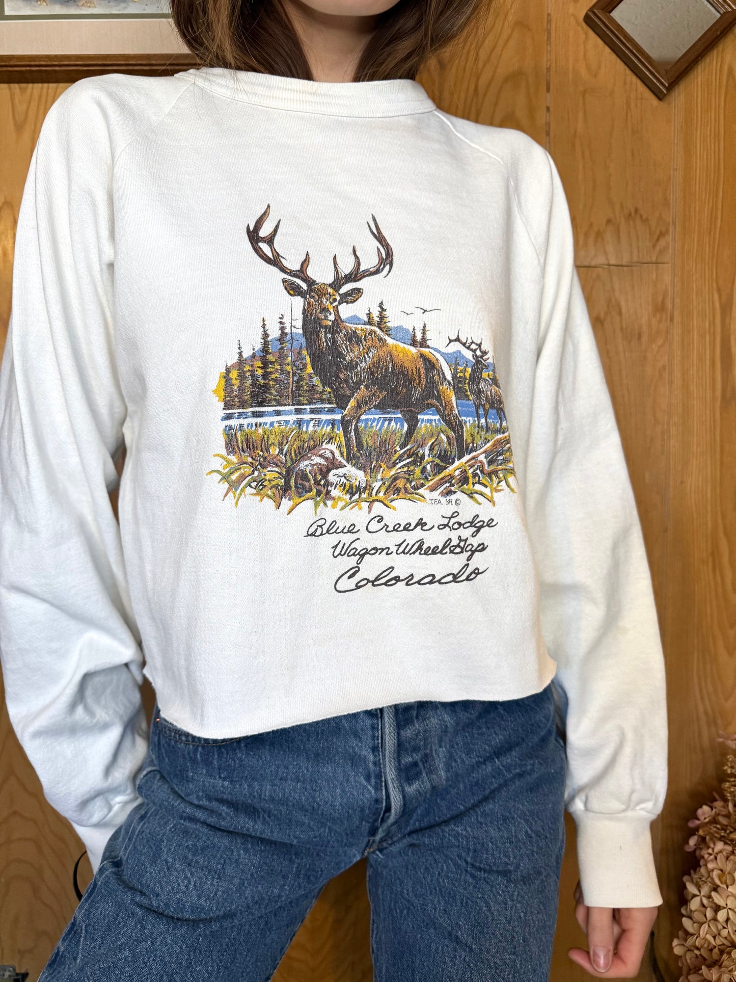 (S-L) Vtg cropped deer crewneck