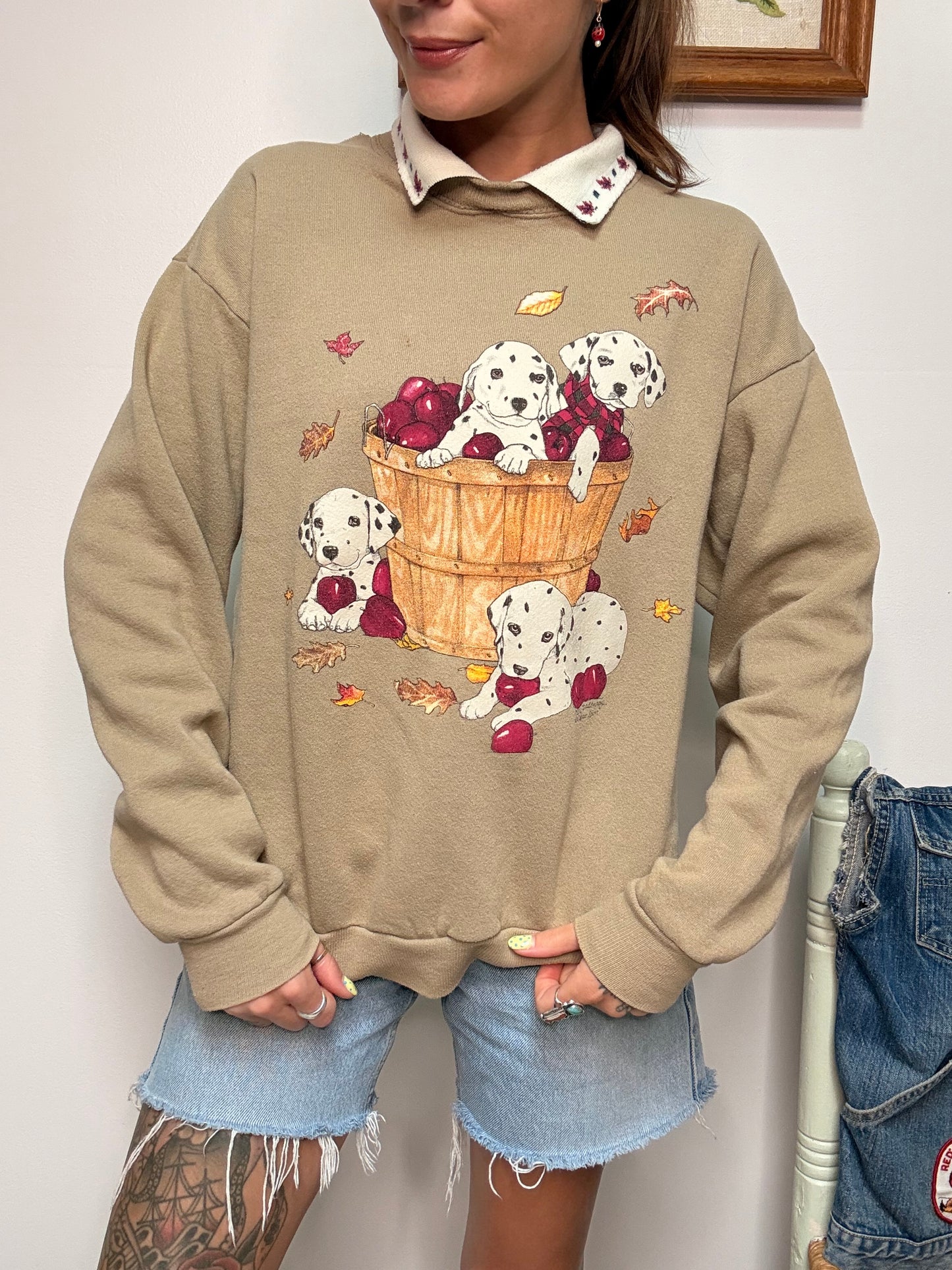 (L) Vtg fall puppy crewneck