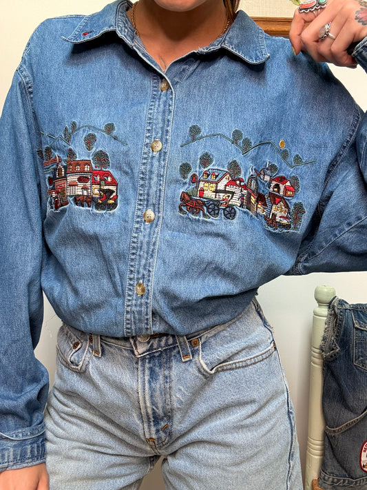 (XL/XXL) Vtg chambray embroidered shirt