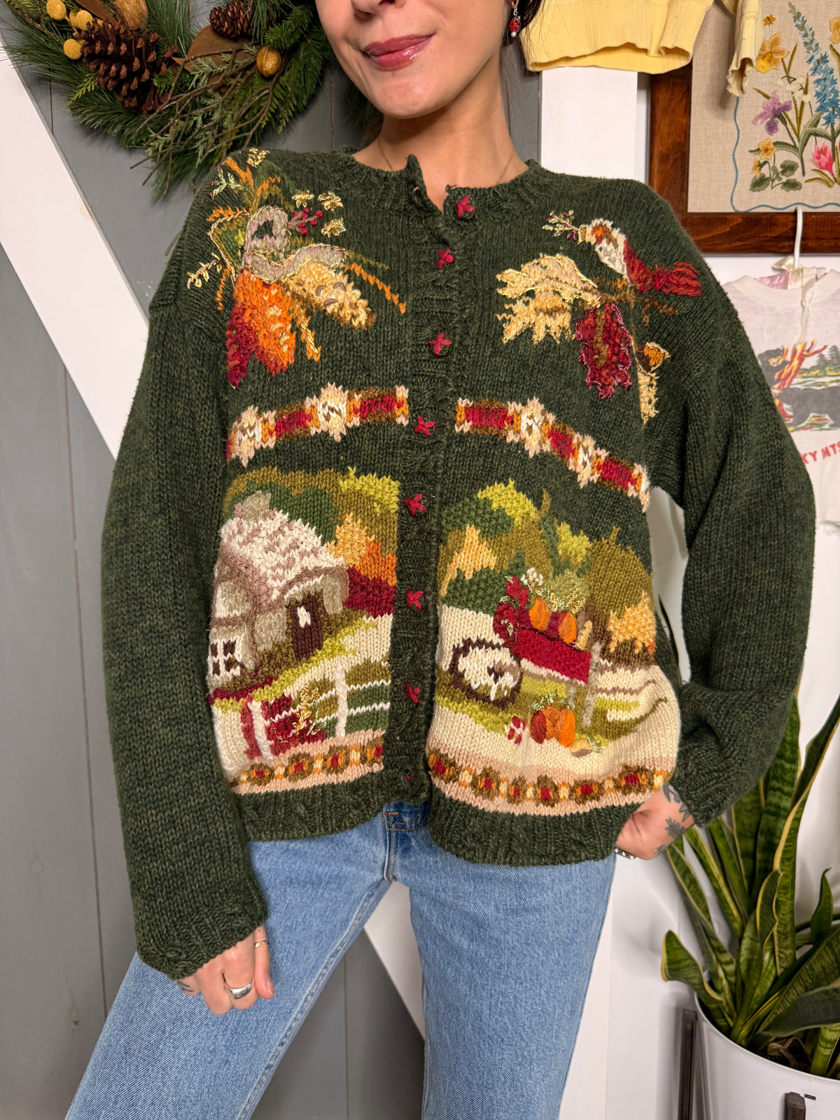 (L) Vtg fall farm cardigan