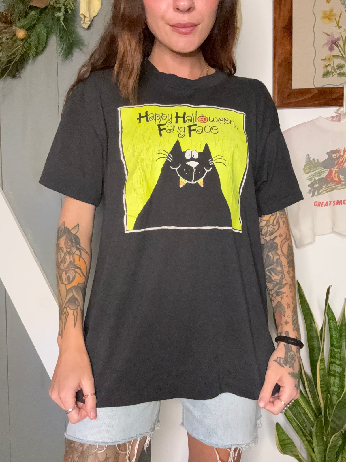 (L/XL) Vtg Halloween cat tee