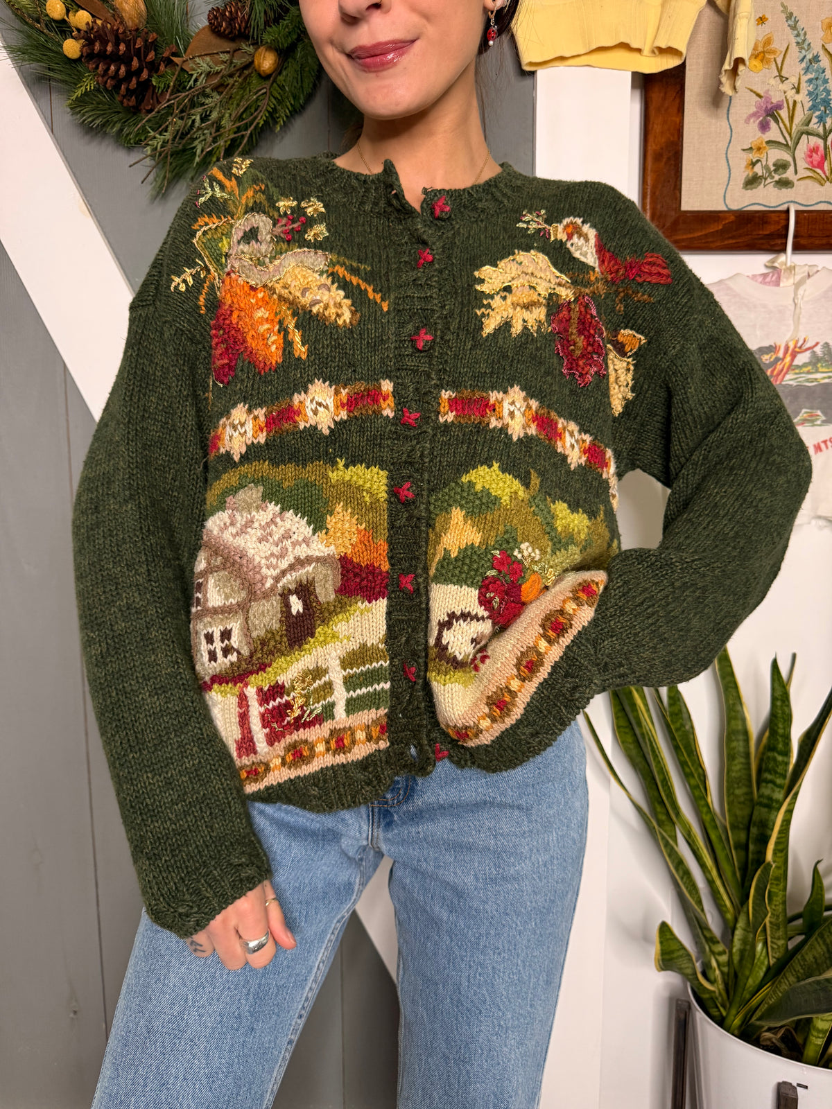 (L) Vtg fall farm cardigan