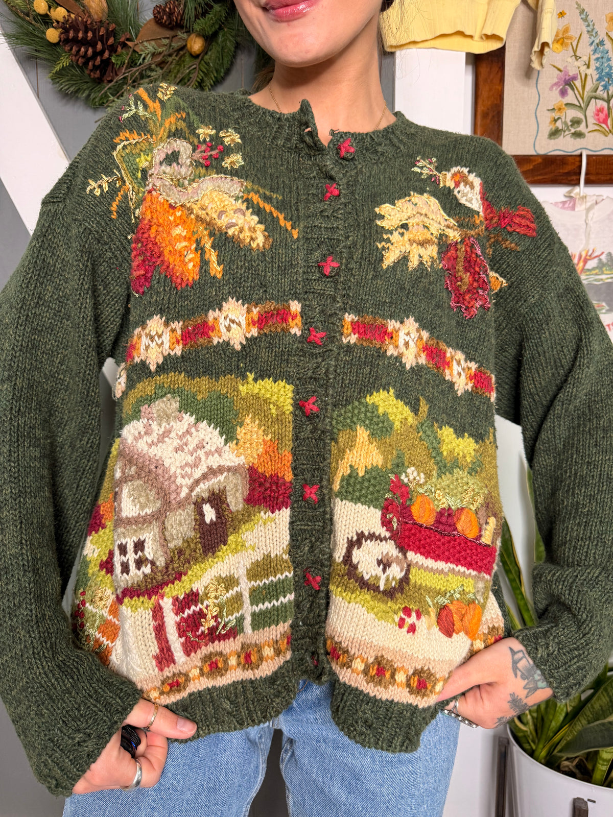(L) Vtg fall farm cardigan