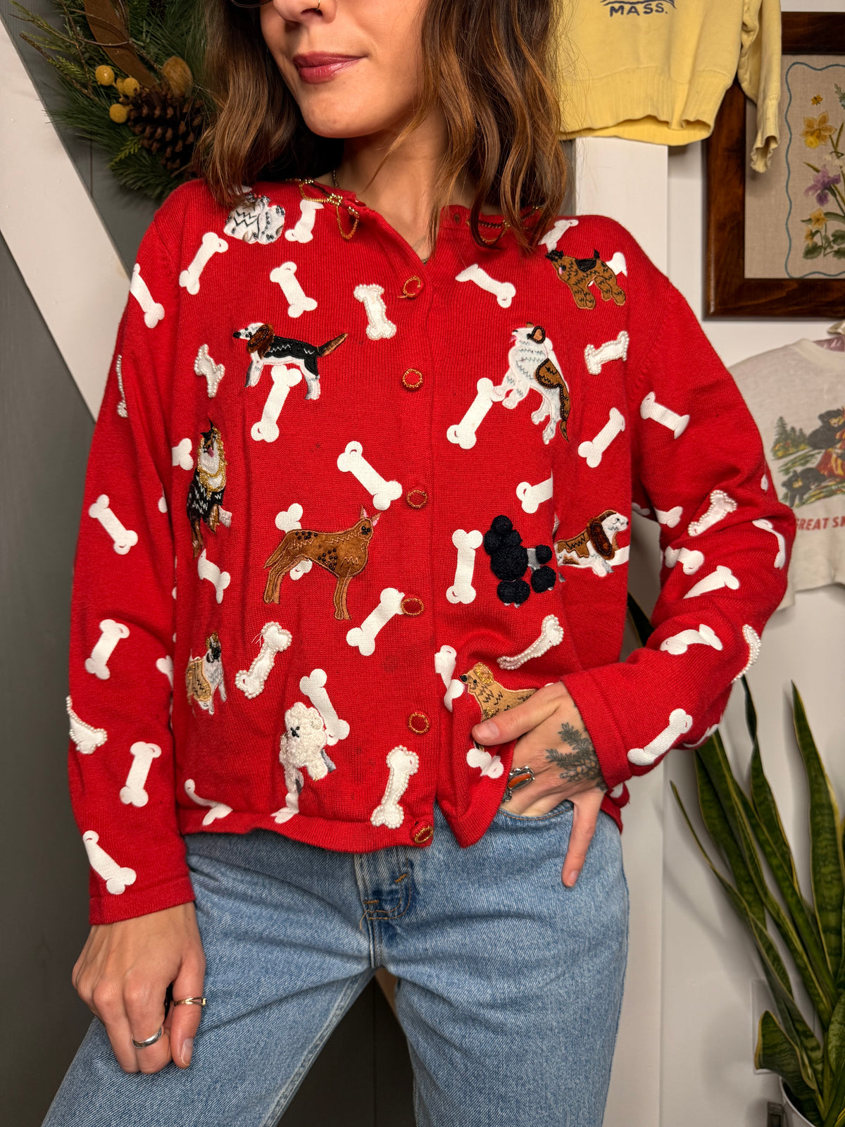 (L) Vtg dog cardigan