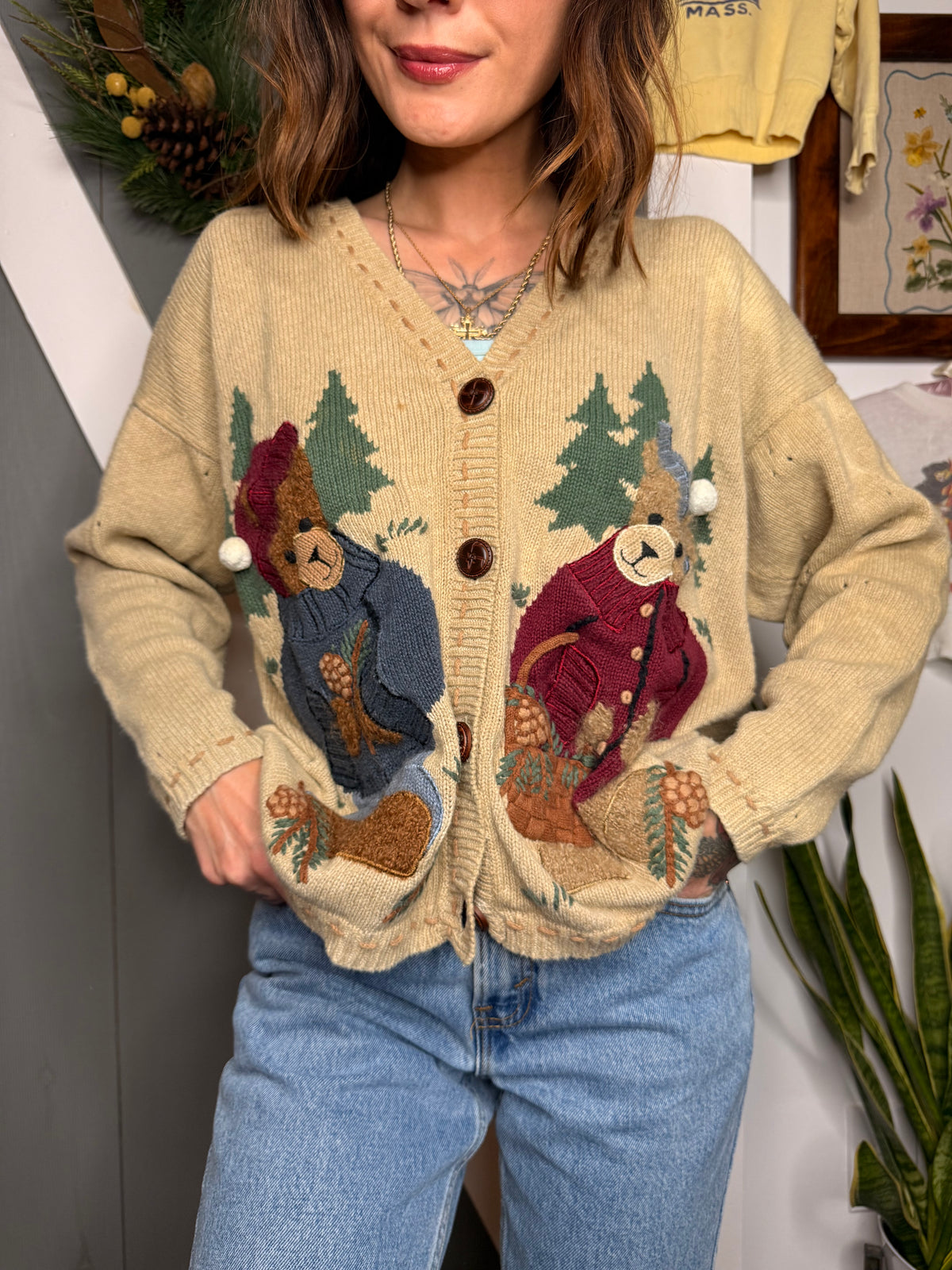 (S) Vtg fall teddy bear cardigan