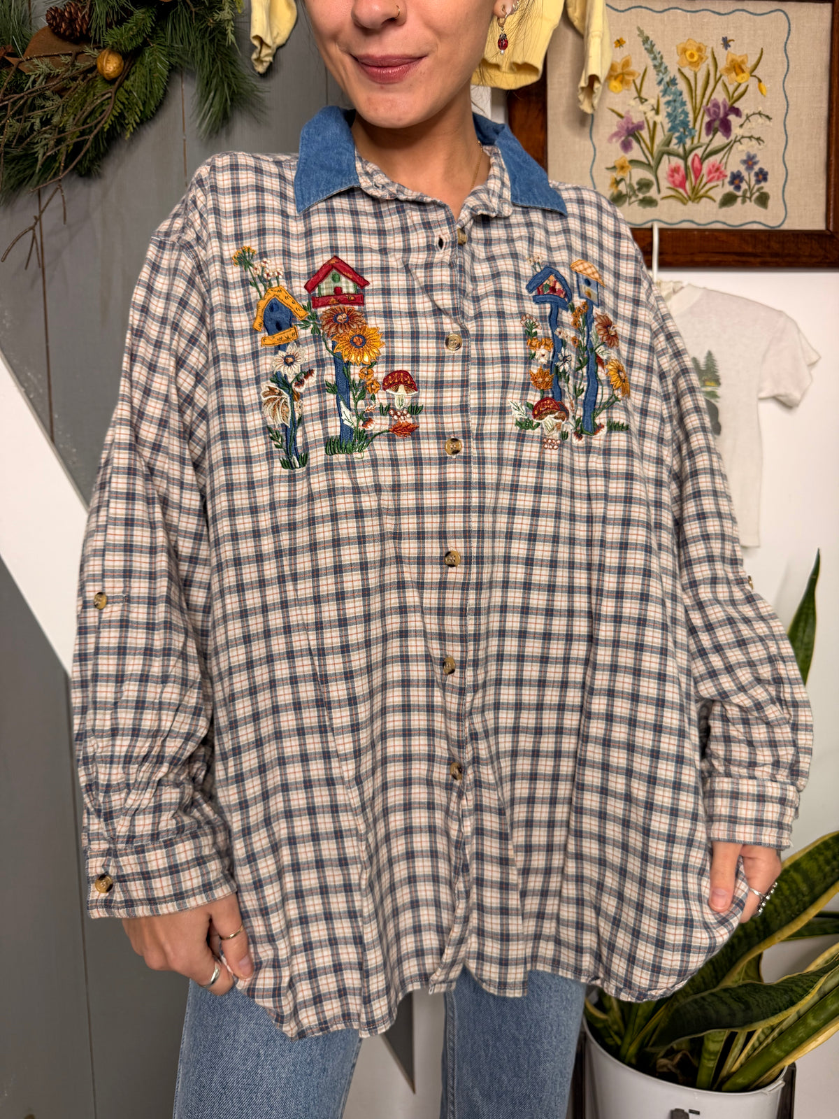 (2XL) Vtg embroidered chambray