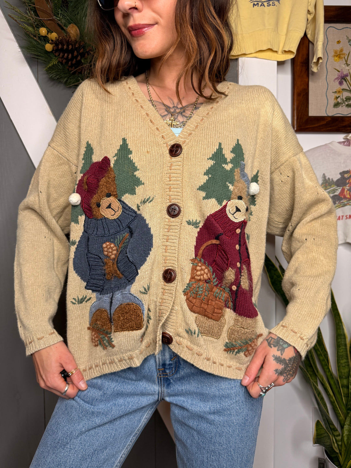 (S) Vtg fall teddy bear cardigan