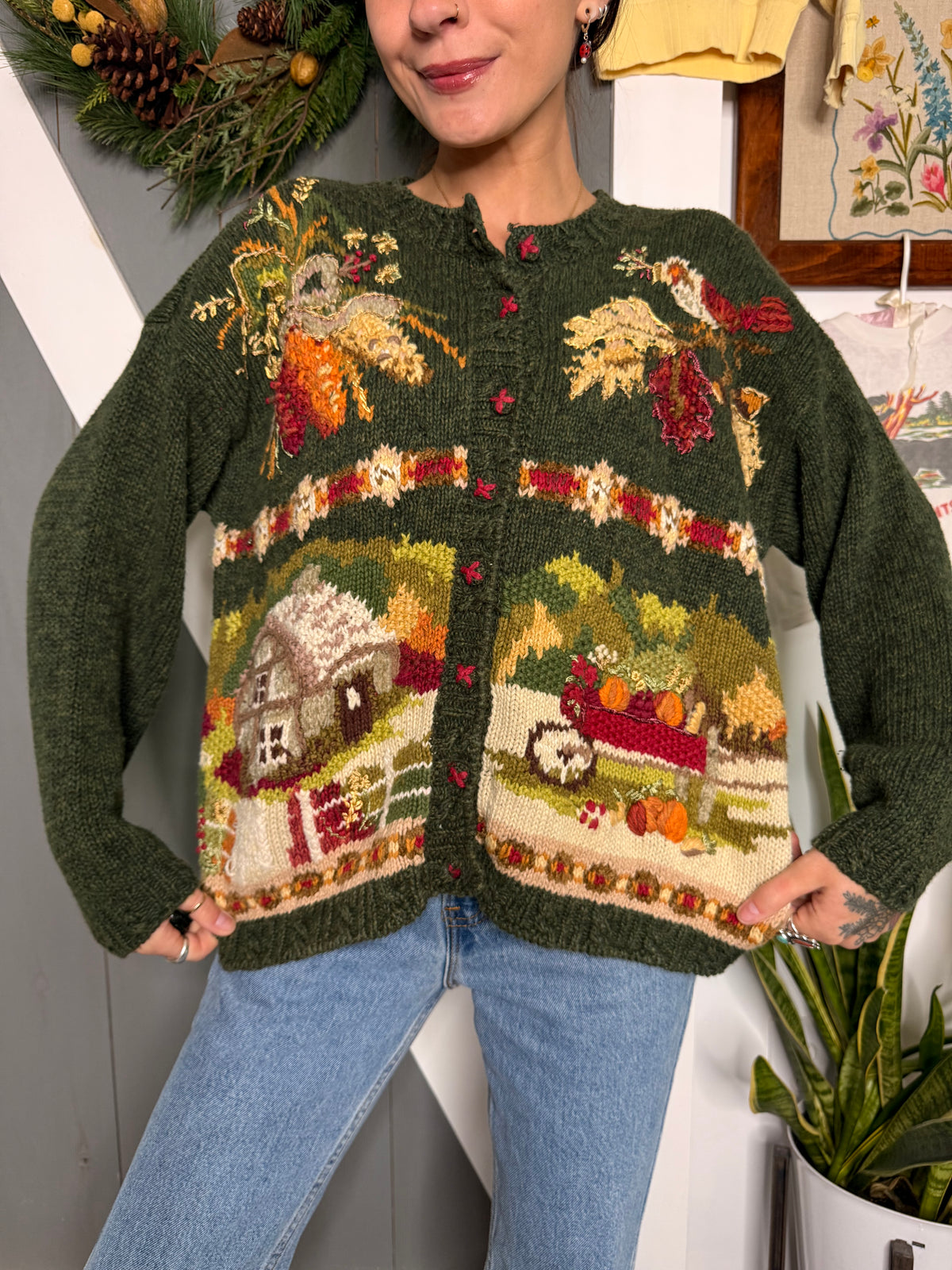 (L) Vtg fall farm cardigan