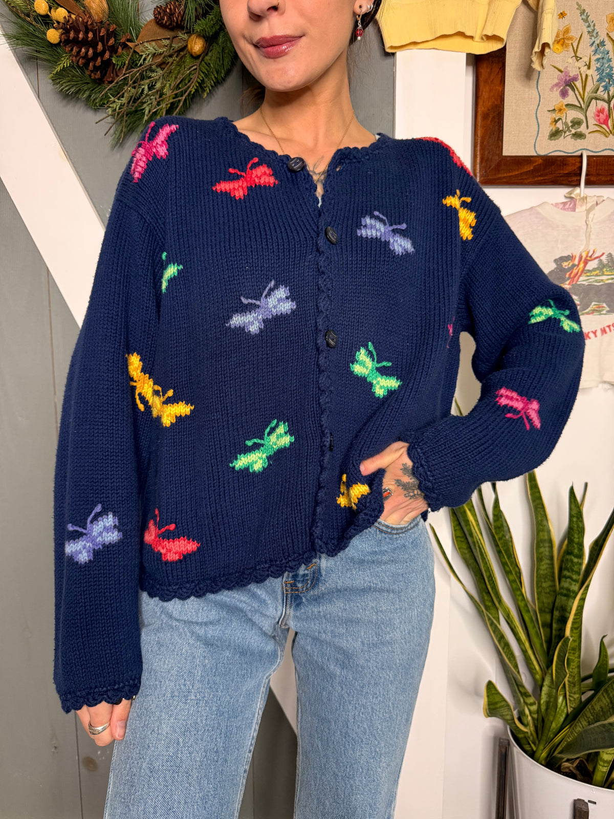 (S/M) Vtg butterfly cardigan