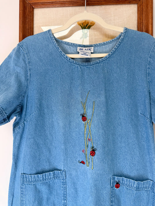 (M/L) Vtg denim ladybug dress