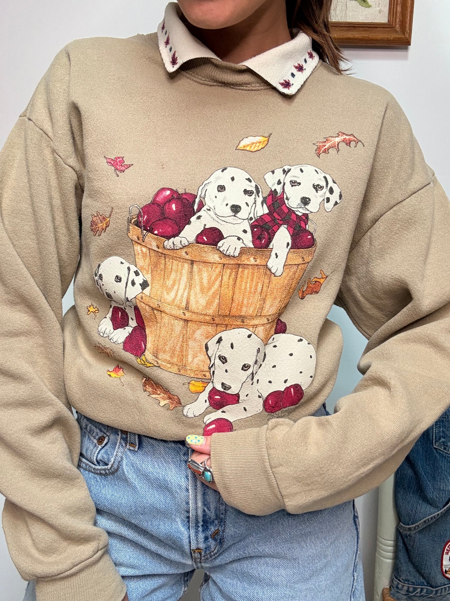 (L) Vtg fall puppy crewneck