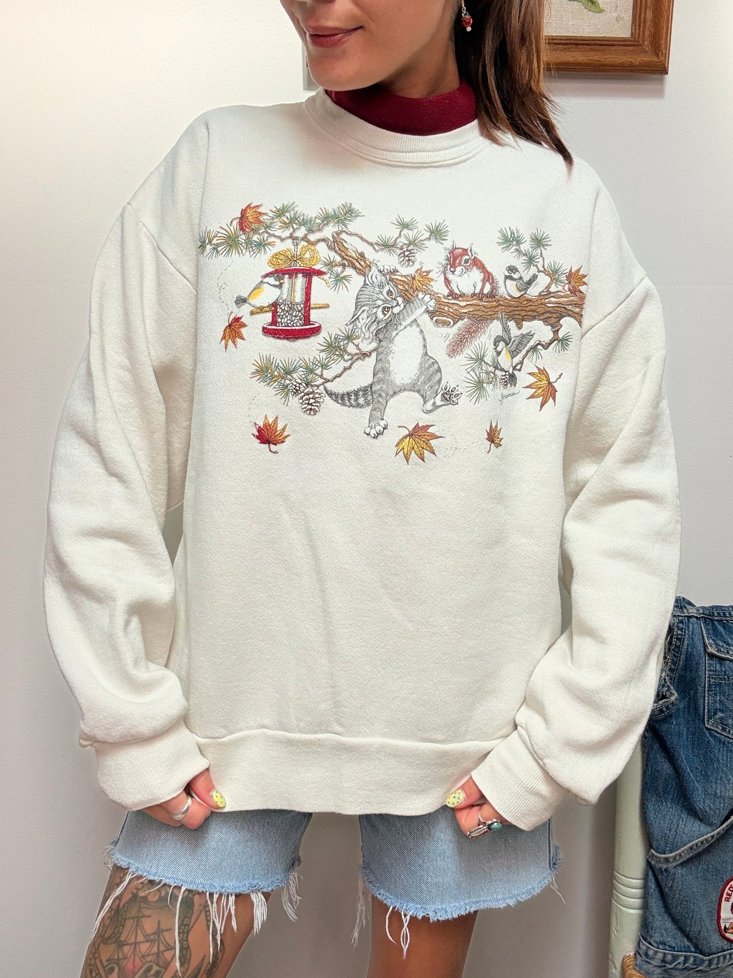 (L) Vtg fall kitten crewneck