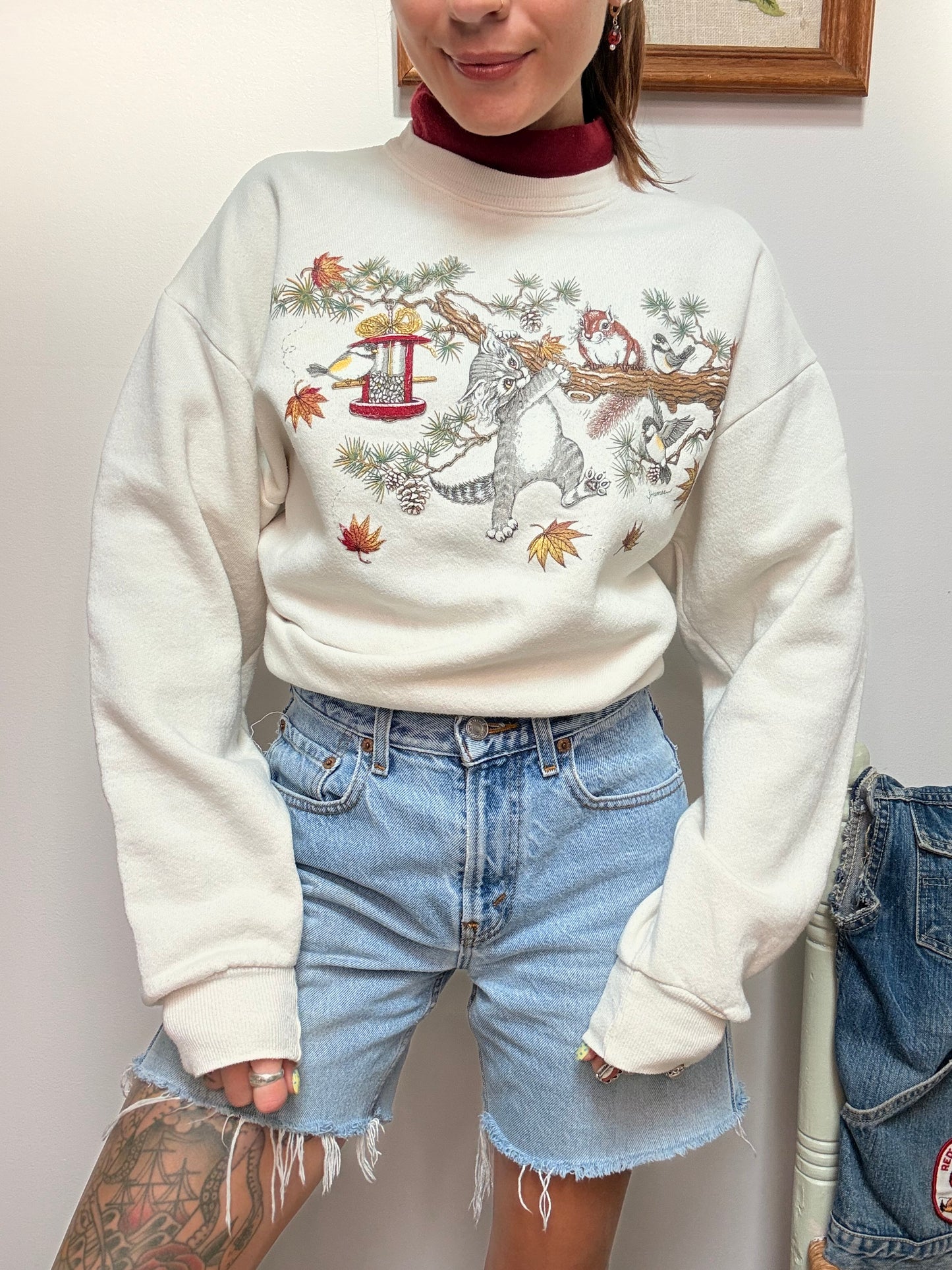 (L) Vtg fall kitten crewneck