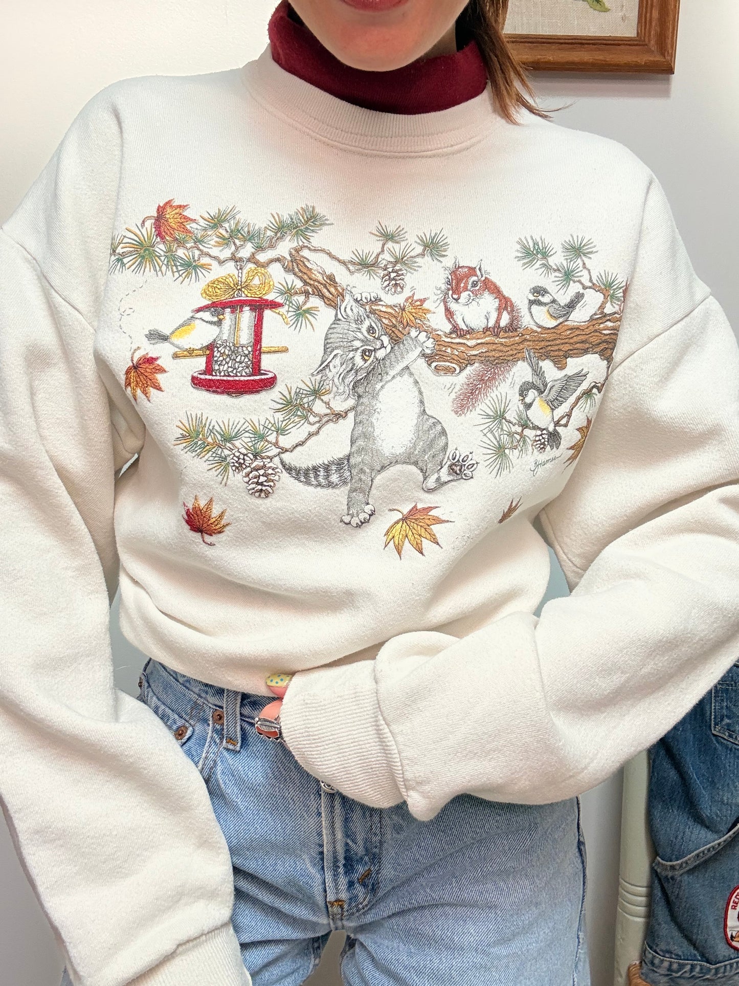 (L) Vtg fall kitten crewneck
